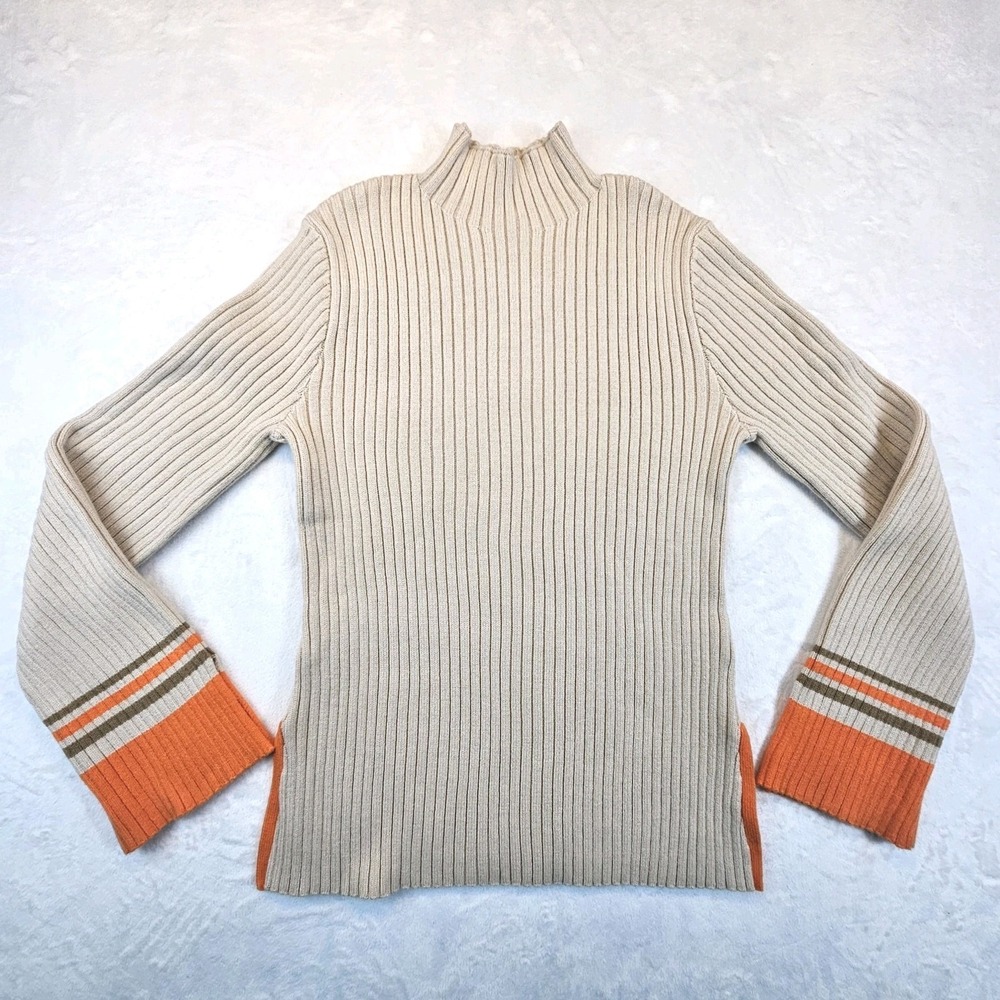 Anthropologie Mock Neck Tan Orange Sweater Womens Medium Bell Sleeve Ribbed Warm
